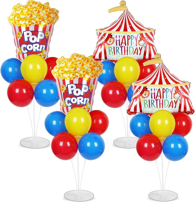 4 Sets Carnival Circus Party Balloons Stand Kit with Circus Tent Popcorn Foil Balloons Plim Theme Party Ball Balloon Centerpiece for Tables for Carnival Themed Birthday Baby Shower Decoration