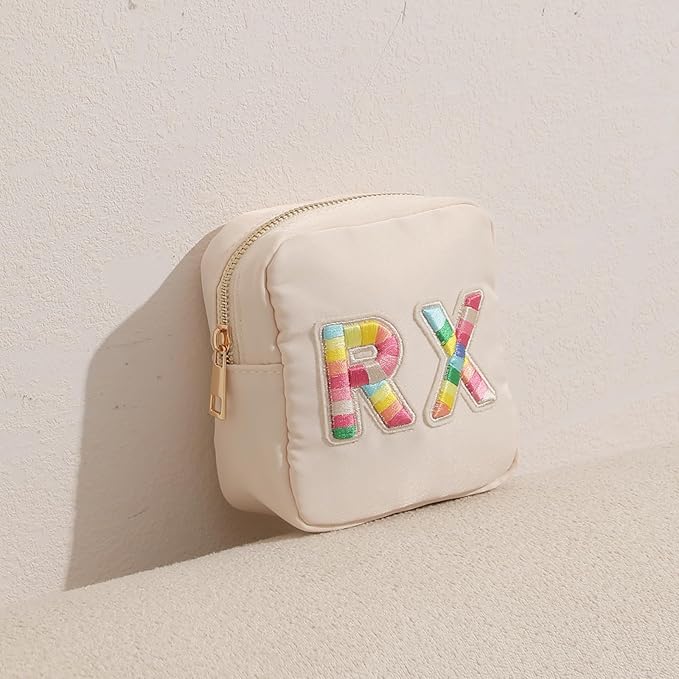 Small Nylon Rx Medicine Bag, Cute Waterproof Chenille Letter Patch Drug Makeup Bag with Metal Zipper, Pill Bag for Purse, Mini Travel First Aid Purse Organizer Machine Washable (08Beige RX)