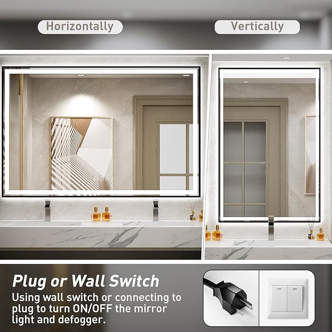 60x40 Inch LED Bathroom Mirror with Lights, Frontlit & Backlit Black Metal Frame Mirror,Double Lights Strips,Anti Fog Dimmable & 3 Colors Temperature