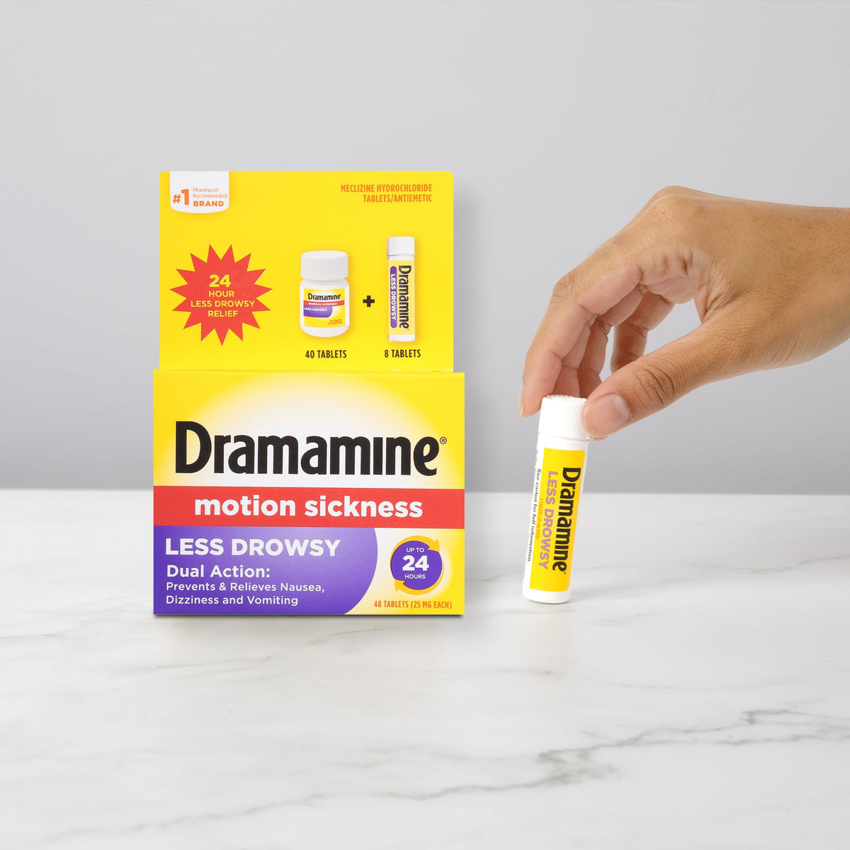 Dramamine Motion Sickness Less Drowsy, for Nausea Relief During Travel, 48 Count