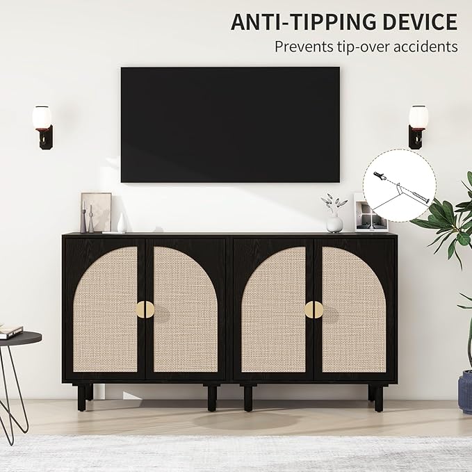 Black Sideboard Cabinet with 2 Rattan Doors, Rattan Buffet Cabinet with Adjustable Shelves & Pine Legs, Boho Sideboard Buffet for Living Room, Kitchen, Entryway (Black,1 PCS)