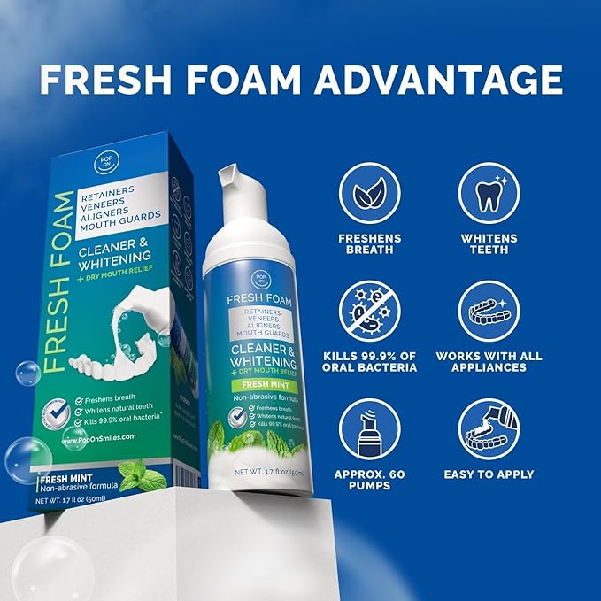 Aligner & Retainer Cleaner Foam – Dry Mouth Relief, Compatible with Invisalign, Aligners, Retainers, Mouth Guards, Night Guards, Veneers, Whitens, Freshens, 3% Hydrogen Peroxide, Mint - 50ml, 2 PC