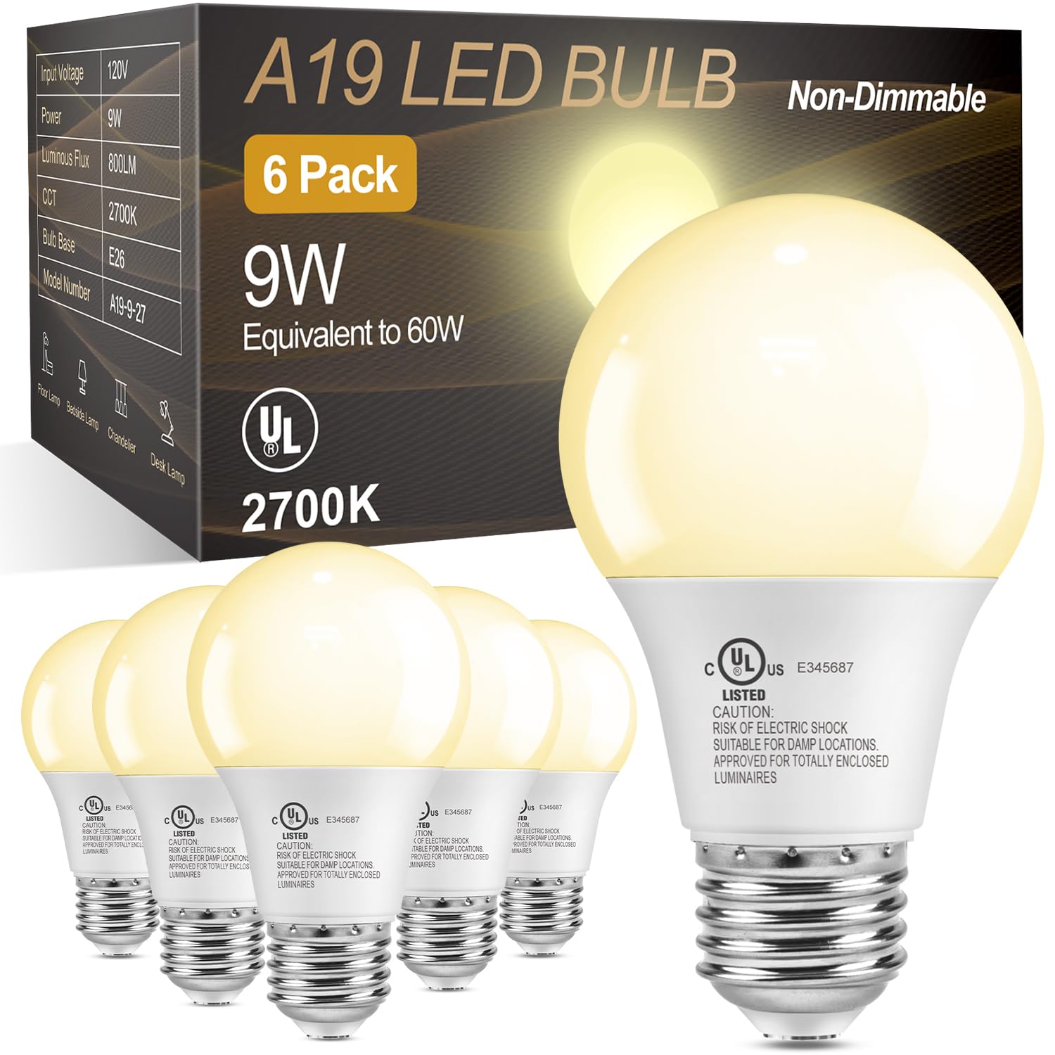 TJOY A19 LED Light Bulbs 60 Watt Equivalent, Warm Soft White 2700K Lightbulbs, E26 Standard Base LED Bulbs, 9W Energy Saving for Home, 800 Lumens, 85+ CRI, 120V, Non-Dimmable, UL, 6 Pack