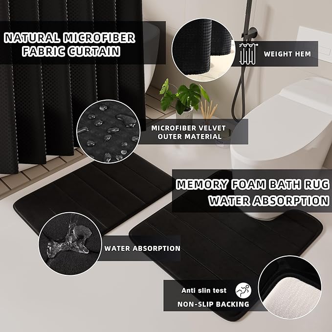 Bathroom Set - 25PC Black Bathroom Set with Shower Curtain and Rugs, Bathroom Accessories Set, Black Shower Curtain Set with Bathroom Trash Can