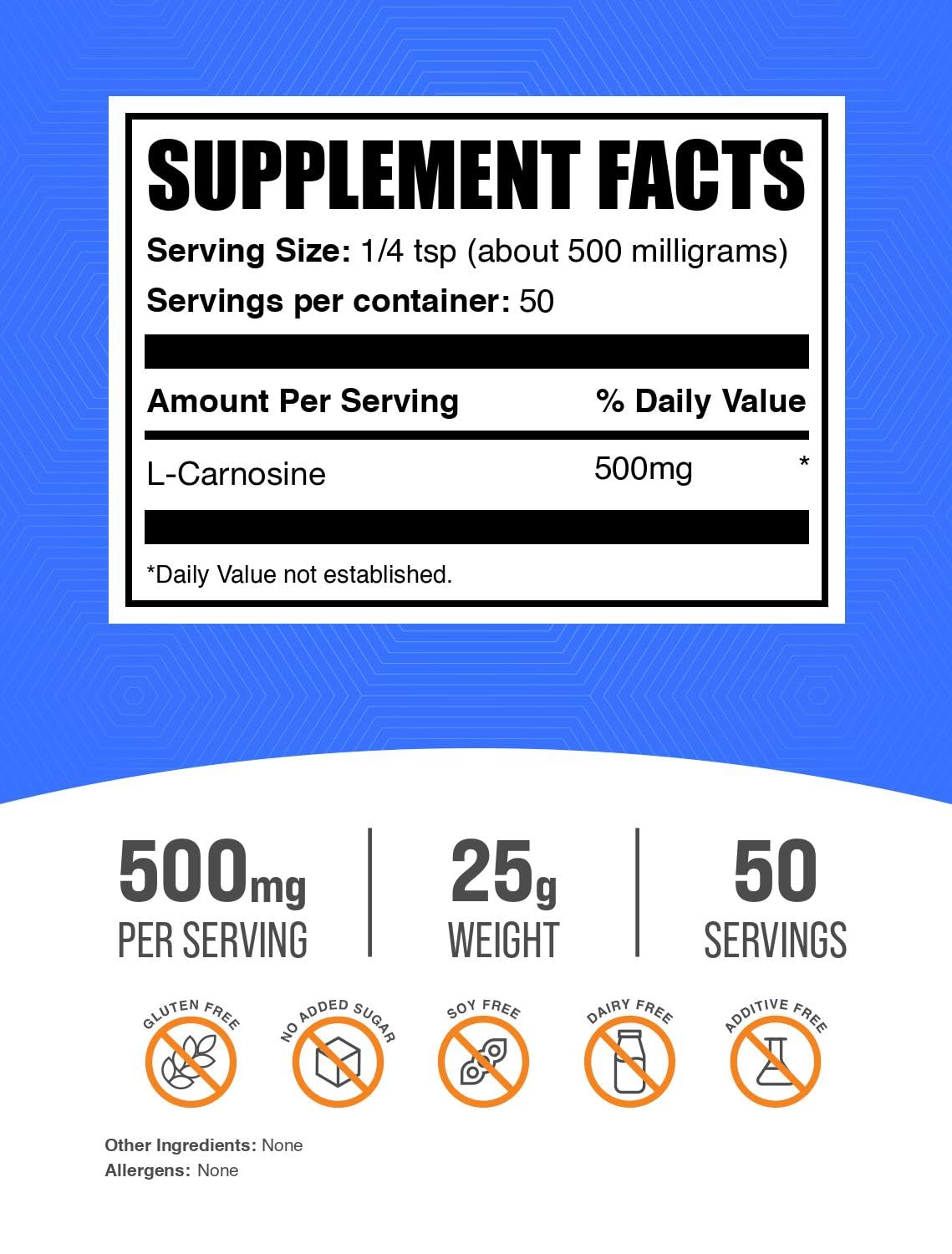 BulkSupplements.com L-Carnosine Powder - Antioxidant Support Supplement - Gluten Free, 500mg per Serving, 25g (0.88 oz) (Pack of 1)