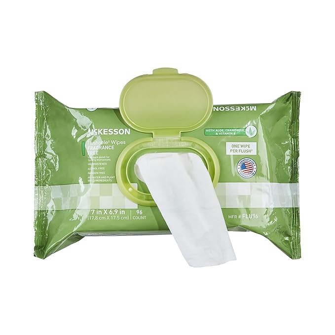 McKesson Flushable* Adult Wet Wipes – 96 Wipes (1 Pack of 96) – Aloe & Vitamin E, Plant-Based Cleansing Wipes, Unscented