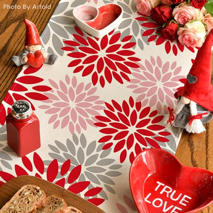 Artoid Mode Red Pink Dahlia Floral Pinnata Christmas Table Runner, Valentine Summer Kitchen Dining Table Decoration for Home Party Decor 13x90 Inch