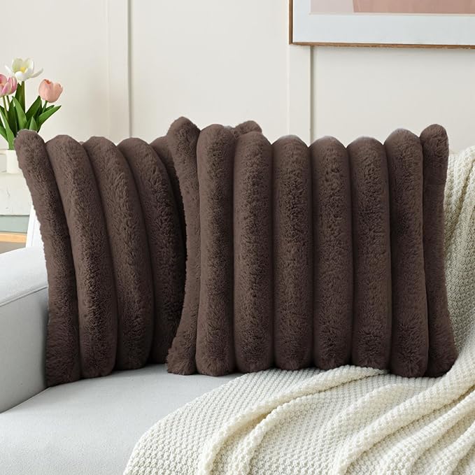 FUTEI Dark Coffee Decorative Throw Pillow Covers 20x20 Inch Set of 2, Square Soft Faux Rabbit Fur Big Striped Cushion Cover,Home Decor for Couch Sofa Bed Living Room