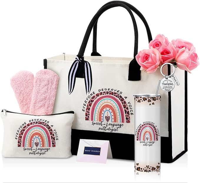 Geiserailie 8 Pcs Christmas Speech Language Pathologist Gifts for Women Including Large Speech Therapy Tote Bag Cosmetic Bags Tumbler Cup Plush Socks Keychain Card and Envelope for Slp Thank You Gifts