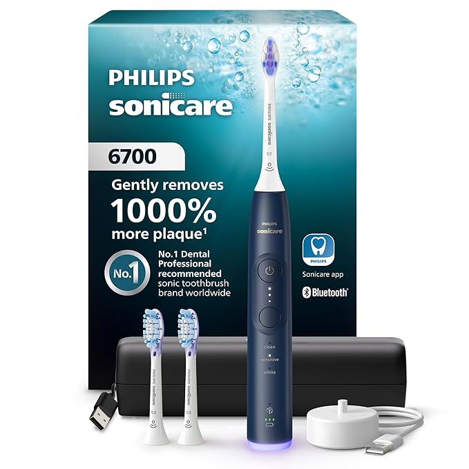 Philips Sonicare 6700 Series Electric Toothbrush - Next-Generation Sonicare Technology, Pressure Sensor, 9 Brushing Settings, SmarTimer, 21-Day Runtime, Travel Case, Navy Blue, HX7413/05