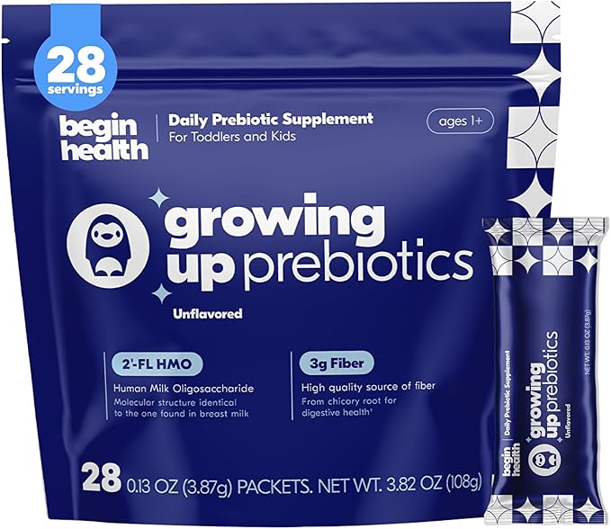 Begin Health Growing Up Prebiotics for Kids 28-Packs | Prebiotic Soluble Powder Stool Softeners and Digestive Gut Health Supplement | Ideal to Mix with Kids Daily Beverages and Soft Foods - Unflavored