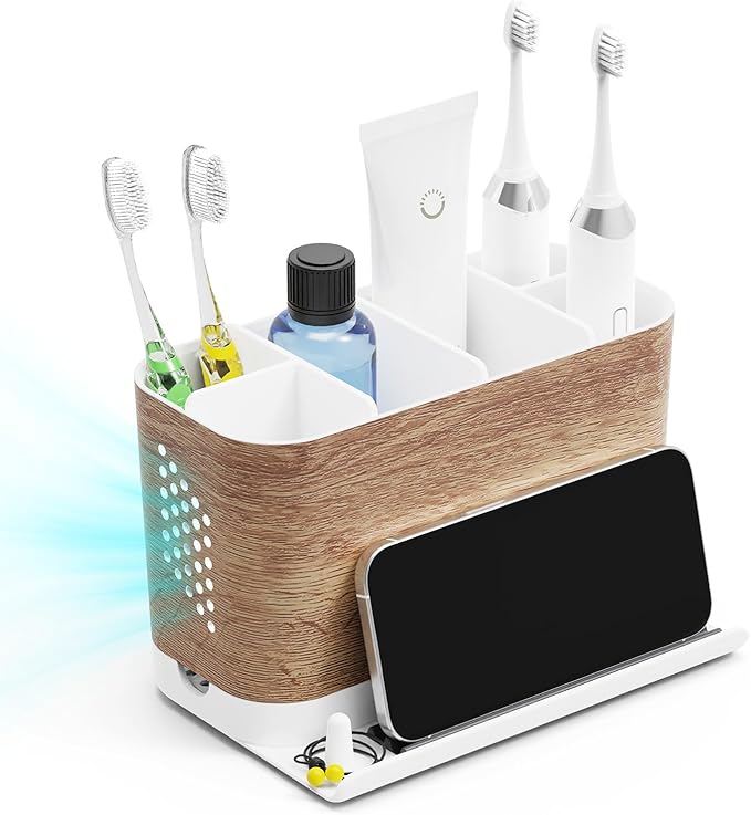 Bathroom Organizers and Storage 6 Slots Wood Grain Electric Toothbrush Holders with Phone Holder and Adjustable Dividers, Cord-Friendly Toothbrush Organizer with Drainage for Family, Kids