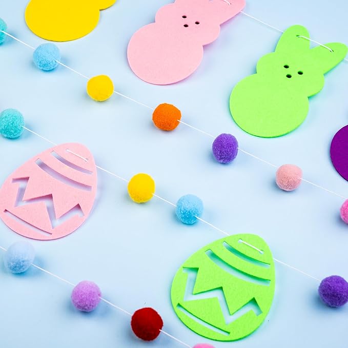 4 Pack Easter Bunny Eggs Pom Pom Garlands Decoration, Colorful Felt Rabbit Hanging Banner Decor Garland Ornaments for Easter Day Home Decor Outdoor Party Hanging Supplies