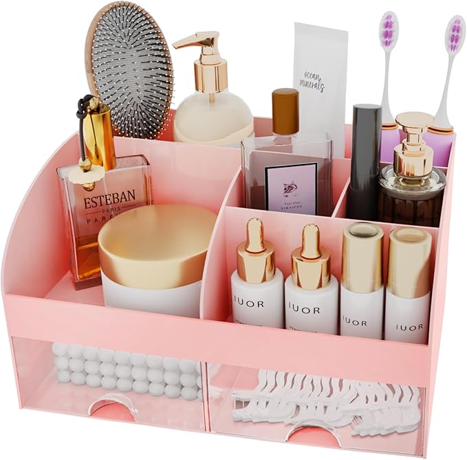 Makeup Organizer with Drawers, Cosmetic Storage for Dresser Vanity and Bathroom Countertop, Beauty Holder for Lipstick Brush, Skincare Organizer for Vanity, Cosmetic Display Case (Pink)