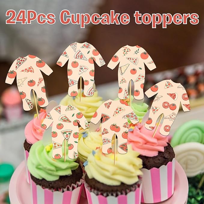 24PCS Pizza Onesie Baby Shower Cupcake Toppers Pizza Baby Shower Decorations Pizza Party Decorations for Cake Decor