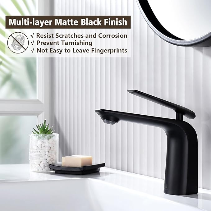 TOCALOCA Black Bathroom Sink Faucet, Matte Black, Modern Design, Single Handle, 1 Hole, Brass, Ceramic Disc Valve, Deck Mount, Aerated Non-Splashing Stream