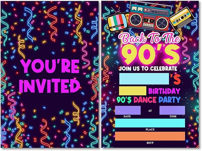 Soiceu Colorful 90s Birthday Party Invitations with Envelopes Set of 20 Back to the 90's Dance Party Invites