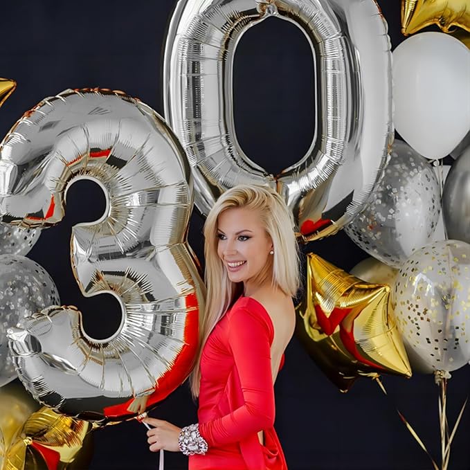 40 Inch Silver Number Balloons, Helium Mylar Foil Number Balloons for Birthdays, Number 3 Balloon for Party Wedding Bachelorette Birthday Bridal Shower Anniversary Celebration Party Decorations