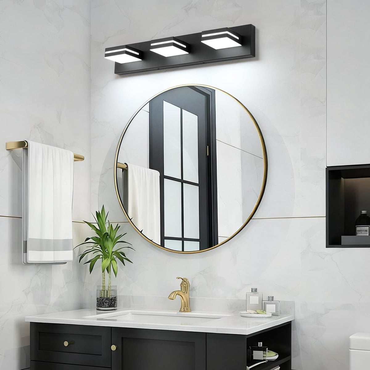 SineRise LED Modern Bathroom Vanity Light Fixtures, Modern Acrylic Bathroom Wall Lighting Fixtures Over Mirror, 3-Light, 24-Inch, Black, White