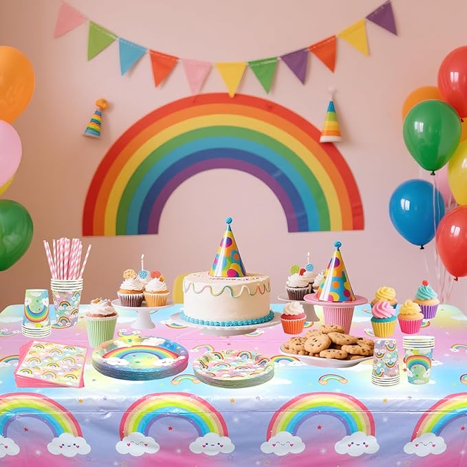 Rainbow Party Decoration - Rainbow Birthday Party Tableware Supplies Includes Plates, Cups, Napkins, Tablecloth, Straws (20)