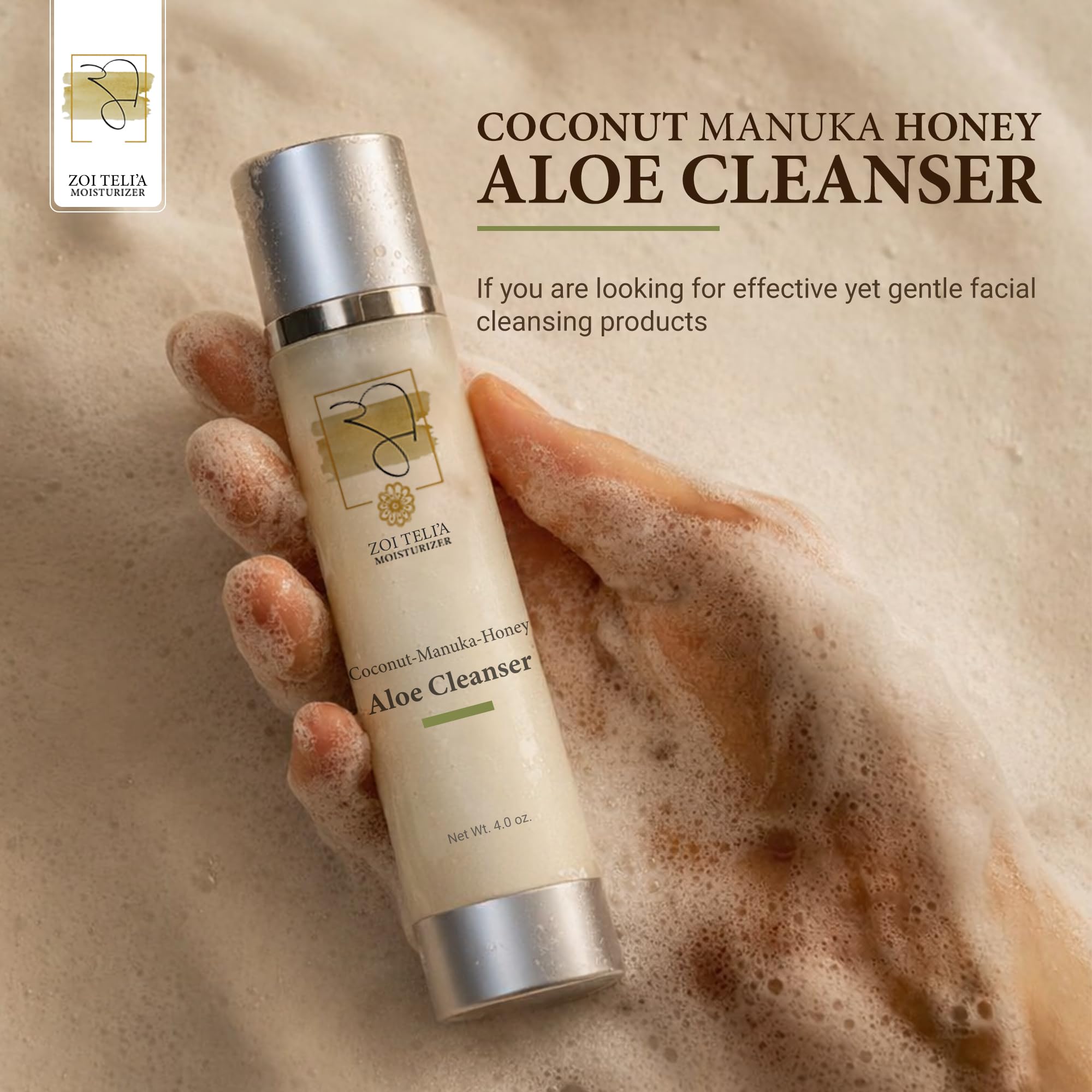 Zoi Teli'a Coconut Manuka Honey Aloe Facial Cleanser Balance Moisture, Rejuvenate & Hydrate Skin with Chamomile, Rosemary, Almond & Jojoba Oils – Cleansing Gel for Soft, Supple and Gentle Skin – 4 Oz