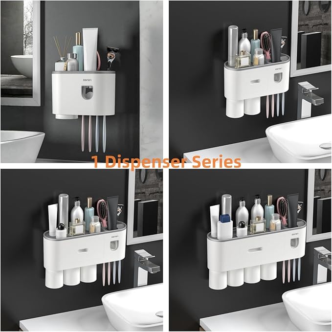 No-Drill Wall Mounted Toothbrush Holder, Bathroom Shelf, with Automatic Toothpaste Dispensers 4 Brush Hooks 3 Magnetic Cups 1 Cosmetic Drawer Organizer and Large Storage (1 Dispenser 3 Cups)