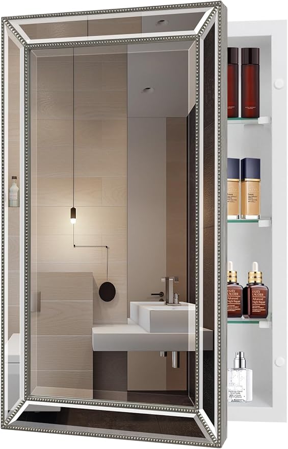 Bathroom Medicine Cabinet with Silver Metro Beaded Wooden Frame, 20x32 Inch Retro Bevel Mirror, Recessed or Surface Mount Bathroom Cabinet,Space-Saving Storage Cabinet