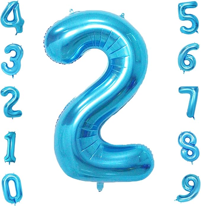Blue 2 Number Balloon, 40 Inch, Mylar Foil, for Birthday Party Decoration, Unisex, Includes Ribbon & Straw