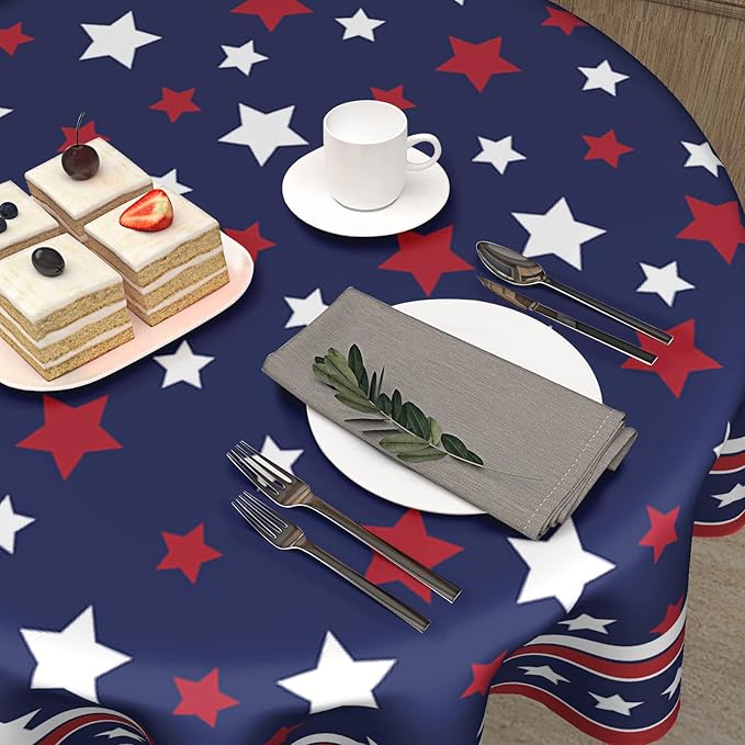 4th of July Tablecloth Round 60 Inch Patriotic Independence Day American Flag Table Cloth Washable Navy Blue Memorial Day Table Cover for Kitchen Dinner Room Holiday Picnic Party Indoor Outdoor Decor