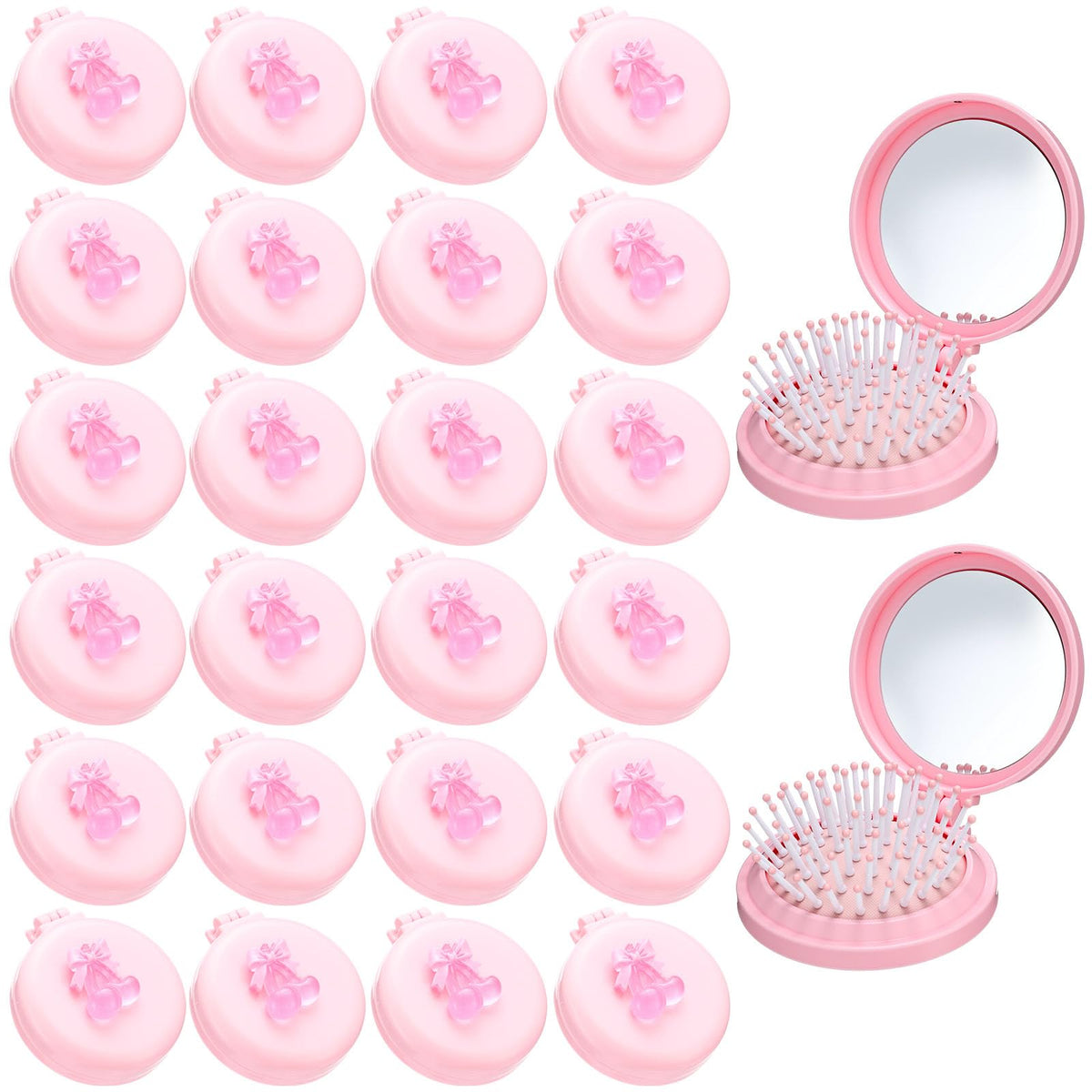 LemonRoad 24 Pack Foldable Travel Mirror Hair Brushes, Mini Mirror Comb, Round Portable Folding Pocket Hairbrush, Compact Small Size Massage Comb, Coquette Bow Party Favor for Women (Pink)