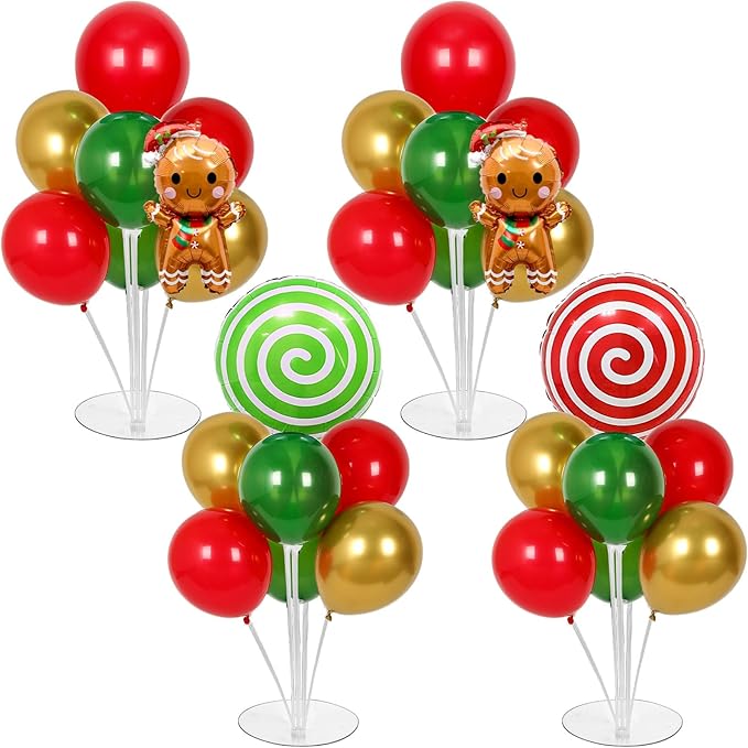 4 Sets Christmas Party Balloons Stand Kit with Gingerbread Man Candy Foil Balloons Party Balloon Centerpiece for Tables for Xmas Holiday Birthday Party Christmas Themed Decorations