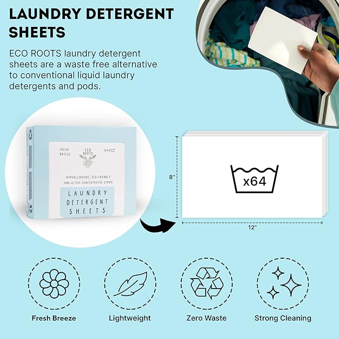Eco Roots Laundry Detergent Sheets – 64 Loads Eco-Friendly Fresh Breeze Laundry Sheets, Travel Size, Biodegradable & Hypoallergenic – Zero-Waste Detergent Alternative