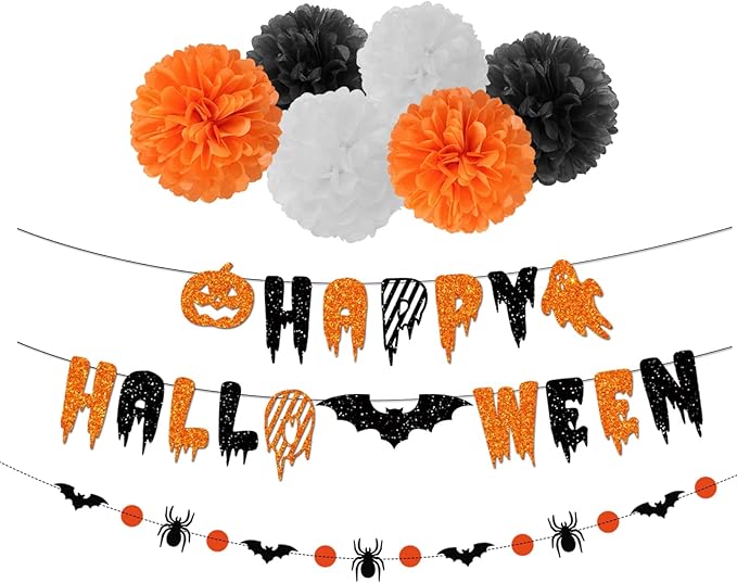 Black Orange White Halloween Party-Decorations - 8pcs Kits Happy Halloween Banner, Tissue Flower Paper Pom Poms Streamers,Bat Decor Garland,Birthday Wedding Baby Bridal Shower Lasting Surprise