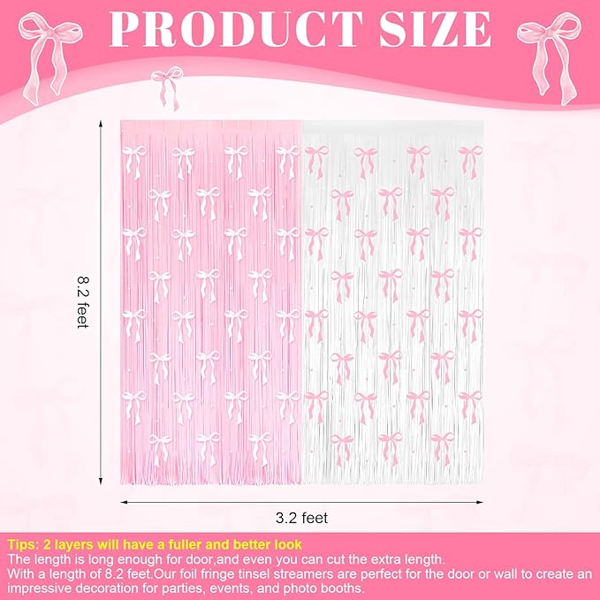 4 Pack Pink Bow Party Backdrop Decoration Pink Bow Foil Fringe Curtains for Girls Bow Birthday Baby Shower Decorations Bridal Shower Bachelorette Party Decor Supplies 3.2ft X 8.2ft