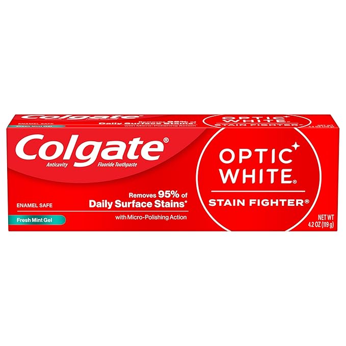 Colgate Optic White Stain Fighter Teeth Whitening Toothpaste, Anticavity Fluoride Toothpaste for Whitening Teeth, Helps Remove Daily Surface Stains, Fresh Mint, 4.2 oz