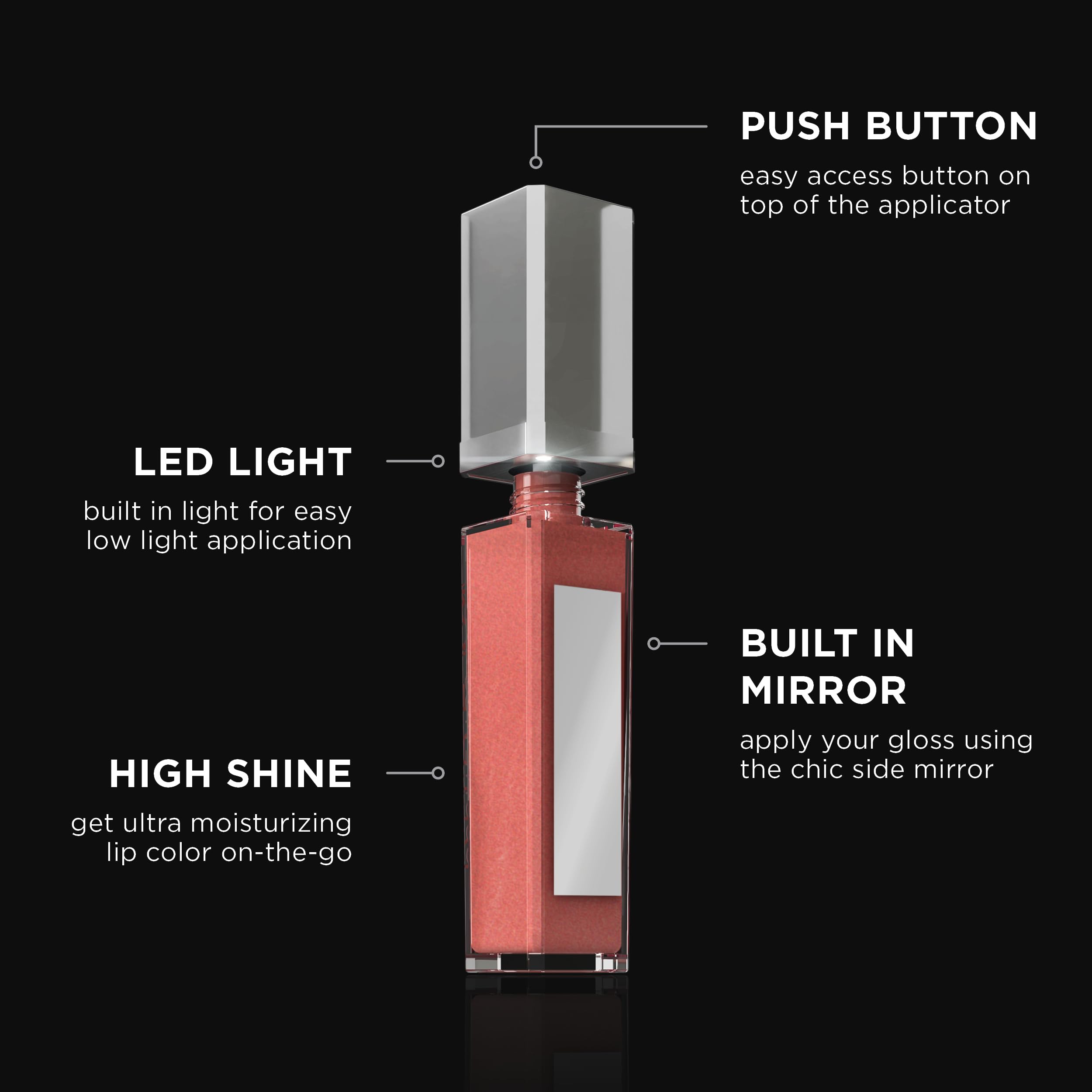 Pure Illumination Light-Up Lip Gloss with LED-Lit Applicator Brush + Side Mirror, Non-Sticky, Moisturizing Hydrating Lip Glosses with Lanolin, Jojoba Oil, & Vitamin E, In the Buff