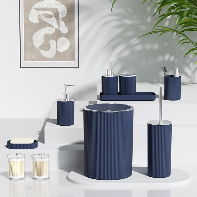 Navy Blue Bathroom Accessories Set, 10PC Bathroom Set, Bath Accessory with Pop Up Trash Can, Soap Dispenser, Toilet Brush, Toothbrush Set Qtip Holders & Tray