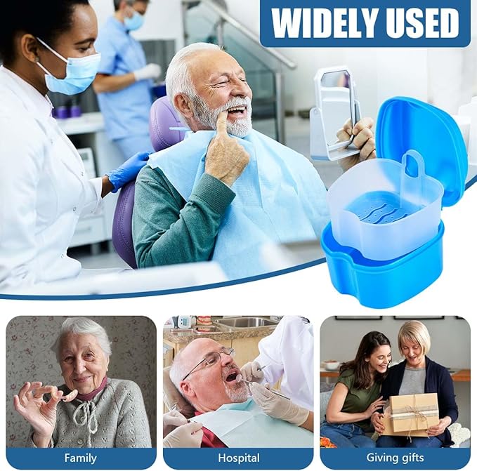 Light Blue Denture Bath Case Cup Box Holder Storage Container with Denture Cleaner Brush Strainer Basket for Travel Cleaning