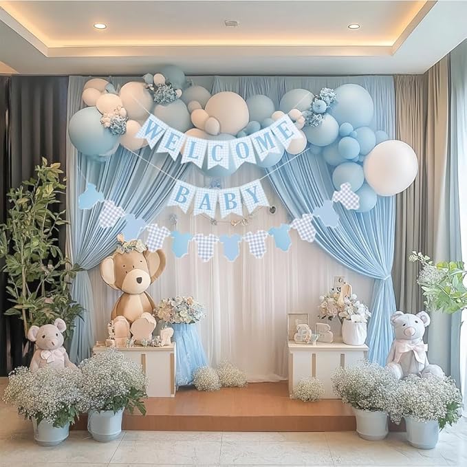 Baby Boy Baby Shower Banner, 2 PCS Pre-strung Blue Gingham Welcome Baby and Body Cloth Banner for Baby Boy Shower Party Decoration (welcome baby-bodysuits)