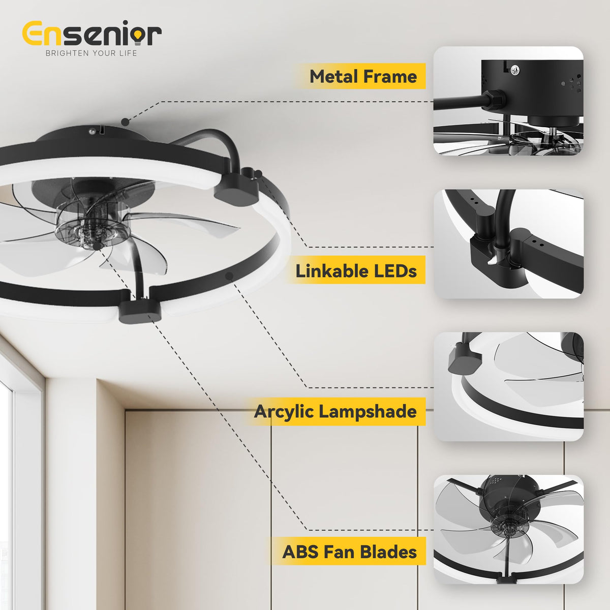 Ensenior 20 Inch Flush Mount Ceiling Fans with Lights, APP Control, Black