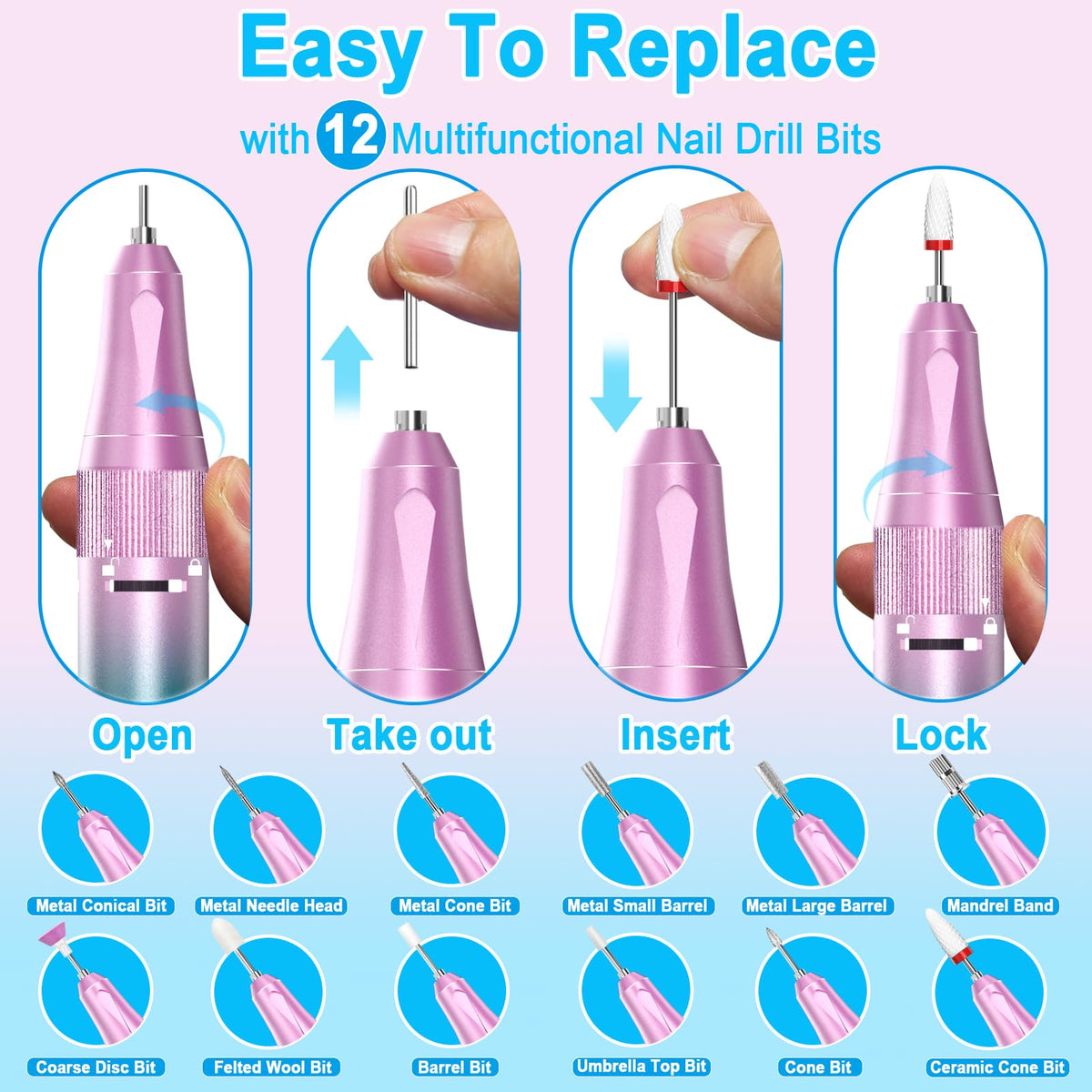 Nail Drill Professional 40000RPM for Acrylic Nails, Nail Drill Portable Electric Nail Drill for Nail Manicure, Nail Drill Rechargeable High Capacity for Salon and Home Use (Pink-Blue)