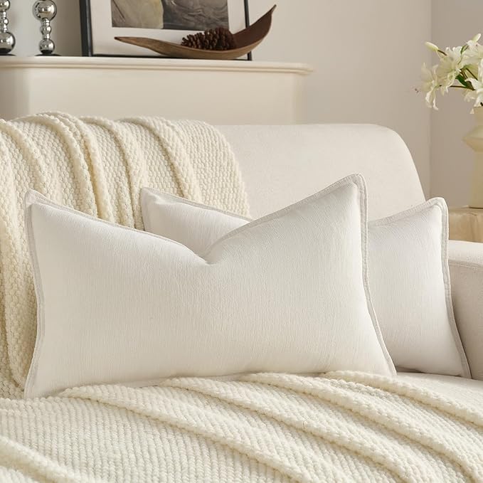 FUTEI Cream White Chenille Throw Pillow Covers 12x20 Inch Set of 2,Edges Double-Stitched Lumbar Pillow Cases,Modern Home Decor for Couch Living Room
