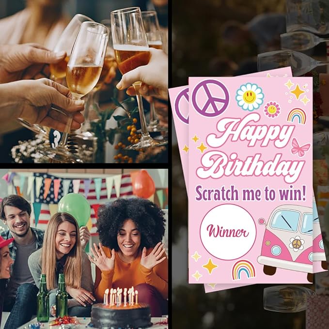 Haizct 50 Pack Happy Birthday Scratch Off Cards, 70's Retro Scratch Tickets for 18th 19th 21st 50th Birthday Party, Lottery Group Game Raffle Tickets for Retro Tea Party Bridal Shower Baby Shower