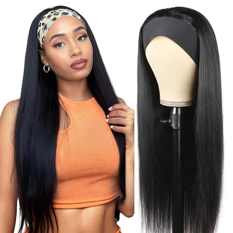 Unvizossa Headband Wig Human Hair Straight 18 Inch Headband Wigs for Black Women Glueless None Lace Front Wig Brazilian Virgin Human Hair Wigs Natural Color 150% Density