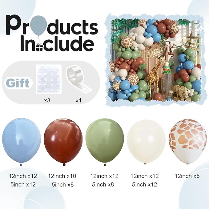 Sage Green Brown Balloon Arch Garland Kit, Olive Green Cream Nude Safari Balloons Brown Coffee Beige Light Blue Giraffe Print Balloons for Jungle Hunting Woodland Birthday Baby Shower Wild Decorations