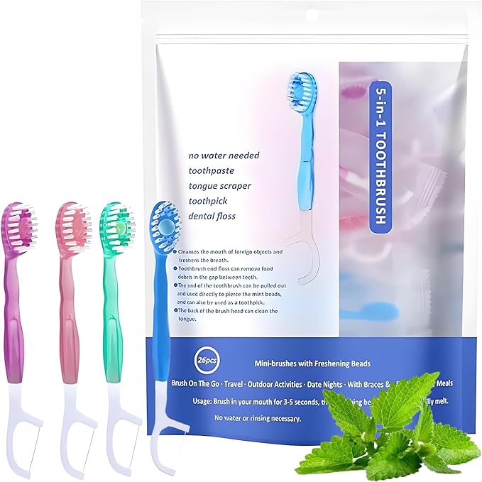 5 in 1 Mini Toothbrushes with Toothpaste, 26Pcs Toothbrush & Floss, All in one Oral Care on The go, 5 in 1 mini Brush, Toothpaste and Floss, Disposable Travel Toothbrush, 1 Set