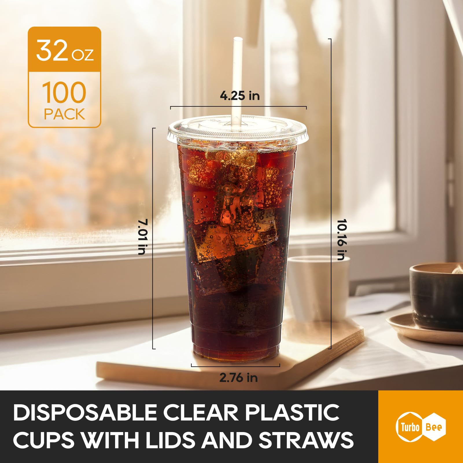 Turbo Bee 100 Sets 32 OZ Clear Plastic Cups with Lids and Straws, Disposable To Go Iced coffee cups with lids for Cold Drinks, Smoothie, and Slushie
