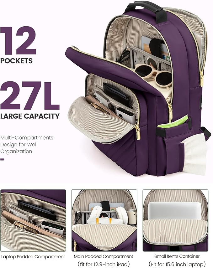 LOVEVOOK Laptop Backpack Purse for Women, Work Travel Computer Bags, College School Backpack for Student Girl, Quilted Casual Daypack with USB Port, Fit 15.6 Inch Laptop, Deep Plum