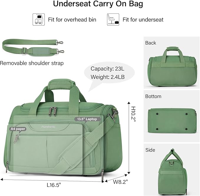 Hanke Underseat Carry On luggage Bags for Travel, Foldable Travel Bags for Women, Soft Lightweight Personal Item Travel Bag Small Carry On Bags for Airplanes, Travel Tote Bags for Women Men. Green