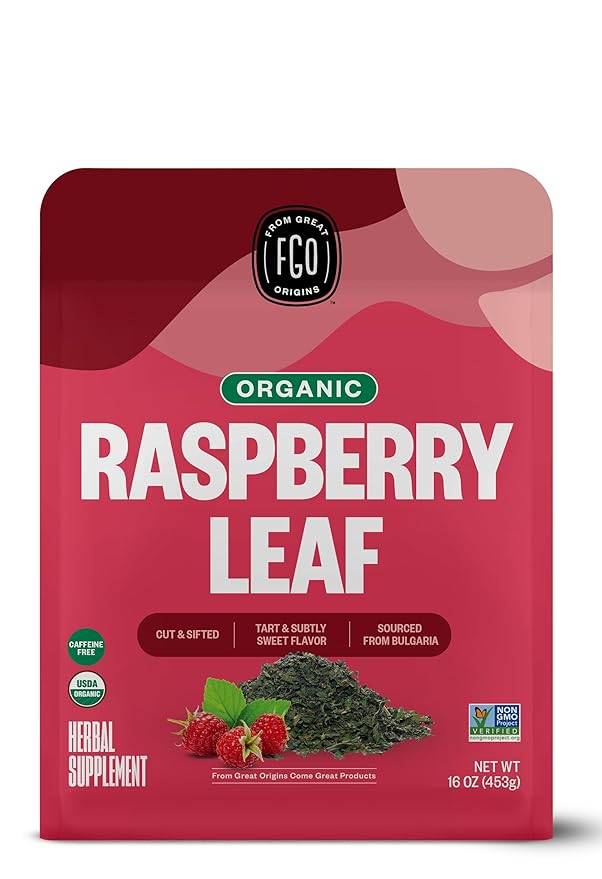 FGO Organic Red Raspberry Loose Leaf Herbal Tea, Cut and Sifted, Caffeine Free, 16oz Bulk Resealable Pouch, Packaging May Vary (Pack of 1)